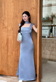 Square Neck Sheath Grey Blue Long Bridesmaid Dresses Satin Grey Blue Wedding Guest Dresses HZ1024