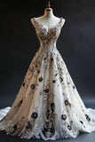 V-neck A-Line Tulle Long Prom Dresses Tulle Beaded Applique White Quincea?era Dresses 2025 Halloween Dress HZ1024