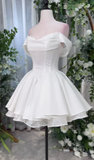 Off-the-shoulder Homecoming Dresses White A-Line Short Prom Dresses Satin Sweet White Birthday Dresses HZ1024