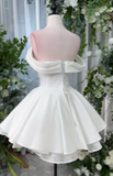 Off-the-shoulder Homecoming Dresses White A-Line Short Prom Dresses Satin Sweet White Birthday Dresses HZ1024