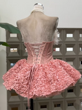 Strapless Ball Gown, Pink Short Prom Dresses, Tulle Applique Pink Birthday Dresses, Sleeveless Homecoming Dresses HZ1024