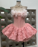 Strapless Ball Gown, Pink Short Prom Dresses, Tulle Applique Pink Birthday Dresses, Sleeveless Homecoming Dresses HZ1024