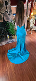 Strapless Sheath Blue Long Prom Dresses Beaded Satin Blue Long Evening Dresses Applique Sleeveless Formal Dresses HZ1024