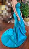 Strapless Sheath Blue Long Prom Dresses Beaded Satin Blue Long Evening Dresses Applique Sleeveless Formal Dresses HZ1024