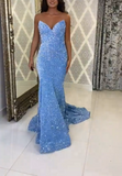 Sweetheart Mermaid Blue Long Prom Dresses Sequin Blue Long Evening Dresses HZ1024