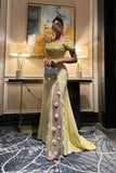 Off-the-shoulder Sheath Yellow Long Prom Dresses Chiffon Lace Evening Dresses Butter Yellow Wedding Guest Dresses HZ1024