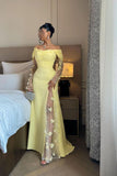 Off-the-shoulder Sheath Yellow Long Prom Dresses Chiffon Lace Evening Dresses Butter Yellow Wedding Guest Dresses HZ1024