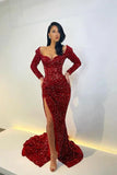 V-neck Sheath Burgundy Long Prom Dresses with Sequins and Slits Burgundy Evening Dresses HZ1024