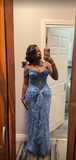 Off-the-shoulder Sheath Blue Long Prom Dresses Tulle Blue Long Evening Dresses HZ1024