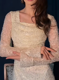Square Neck Sheath Pale Yellow Long Prom Dresses Lace Sequin Pale Yellow Wedding Guest Dresses Long Sleeve Evening Dresses HZ1024