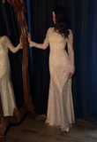 Square Neck Sheath Pale Yellow Long Prom Dresses Lace Sequin Pale Yellow Wedding Guest Dresses Long Sleeve Evening Dresses HZ1024