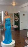 Strapless Sheath Blue Long Prom Dresses Applique Blue Long Evening Dresses HZ1024