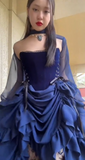 New Halloween Party Dresses Sexy Strapless Navy Blue Long Birthday Dresses Chiffon Formal Dresses HZ1024