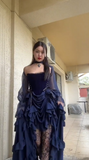 New Halloween Party Dresses Sexy Strapless Navy Blue Long Birthday Dresses Chiffon Formal Dresses HZ1024