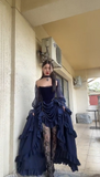 New Halloween Party Dresses Sexy Strapless Navy Blue Long Birthday Dresses Chiffon Formal Dresses HZ1024