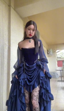 New Halloween Party Dresses Sexy Strapless Navy Blue Long Birthday Dresses Chiffon Formal Dresses HZ1024