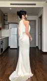 Halter Sheath Long Prom Dresses Satin White Formal Dresses Silk White Evening Dresses HZ1024