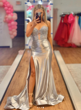 Sweetheart Neck Sheath Long Prom Dresses Satin Silver Evening Dresses with Slits HZ1024