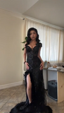 Sweetheart Sheath Black Long Prom Dresses Tulle Beaded Black Evening Dresses with Slits HZ1024
