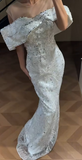 Off-the-shoulder Sheath White Long Prom Dresses Tulle Beaded White Wedding Guset Dresses HZ1024
