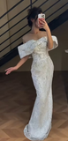 Off-the-shoulder Sheath White Long Prom Dresses Tulle Beaded White Wedding Guset Dresses HZ1024