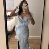 Sweetheart Sheath Blue Long Prom Dresses Satin Blue Long Evening Dresses HZ1024