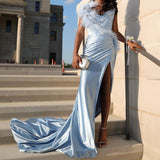 Sweetheart Sheath Blue Long Prom Dresses Satin Blue Long Evening Dresses HZ1024