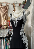 Sweetheart Sheath Black Long Prom Dresses Lace Applique Black Long Evening Dresses HZ1024