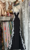 Sweetheart Sheath Black Long Prom Dresses Lace Applique Black Long Evening Dresses HZ1024