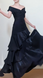 Off-the-shoulder Sheath Black Long Prom Dresses Satin Ruffle Black Long Evening Dresses HZ1024