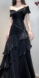 Off-the-shoulder Sheath Black Long Prom Dresses Satin Ruffle Black Long Evening Dresses HZ1024