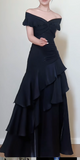Off-the-shoulder Sheath Black Long Prom Dresses Satin Ruffle Black Long Evening Dresses HZ1024