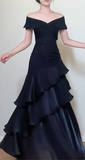 Off-the-shoulder Sheath Black Long Prom Dresses Satin Ruffle Black Long Evening Dresses HZ1024