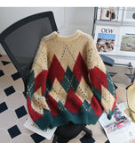 diamond contrast color round neck pullover sweater HZ1024