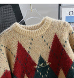diamond contrast color round neck pullover sweater HZ1024