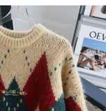 diamond contrast color round neck pullover sweater HZ1024