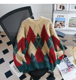 diamond contrast color round neck pullover sweater HZ1024