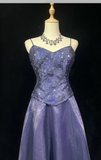 Spaghetti Strap A-Line Purple Long Prom Dresses Tulle Beaded Purple Long Evening Dresses HZ1024