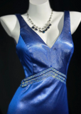 V-neck Mermaid Blue Long Prom Dresses Satin Blue Long Evening Dresses with Open Back HZ1024