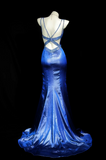 V-neck Mermaid Blue Long Prom Dresses Satin Blue Long Evening Dresses with Open Back HZ1024