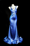 V-neck Mermaid Blue Long Prom Dresses Satin Blue Long Evening Dresses with Open Back HZ1024