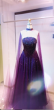 Strapless A-Line Dark Purple Long Prom Dresses Beaded Chiffon Dark Purple Long Evening Dresses HZ1024