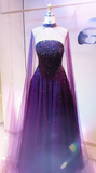 Strapless A-Line Dark Purple Long Prom Dresses Beaded Chiffon Dark Purple Long Evening Dresses HZ1024