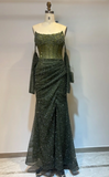 Off-the-shoulder Sheath Green Long Prom Dresses Beaded Tulle Green Long Evening Dresses HZ1024