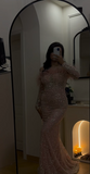 Off-the-shoulder Mermaid Long Prom Dresses Tulle Applique Pink Long Formal Dresses Long Sleeve Evening Gowns HZ1024