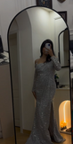 Off-the-shoulder Mermaid Long Prom Dresses Tulle Sequins Silver Formal Dresses Evening Gowns with Slits HZ1024