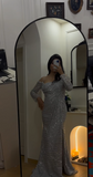 Off-the-shoulder Mermaid Long Prom Dresses Tulle Sequins Silver Formal Dresses Evening Gowns with Slits HZ1024