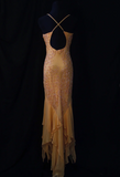 Spaghetti Strap Sheath Long Prom Dresses Beaded Chiffon Pastel Orange Formal Dresses Sleeveless Evening Gowns HZ1024