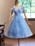 Sweetheart Neck Off Shoulder Blue Short Prom Dress with Beads HZ1024
