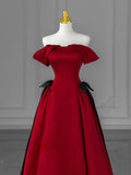 Off Shoulder Satin Burgundy Long Prom Dress, Burgundy Long Formal Dress HZ1024